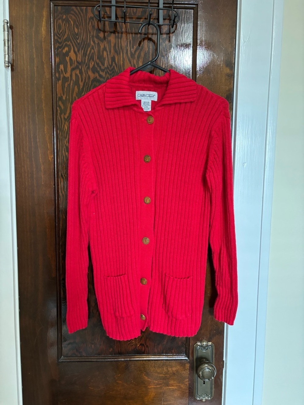 Cabin Creek Red Ribbed Collar Button-Up Cardigan Sweater with Wood Buttons